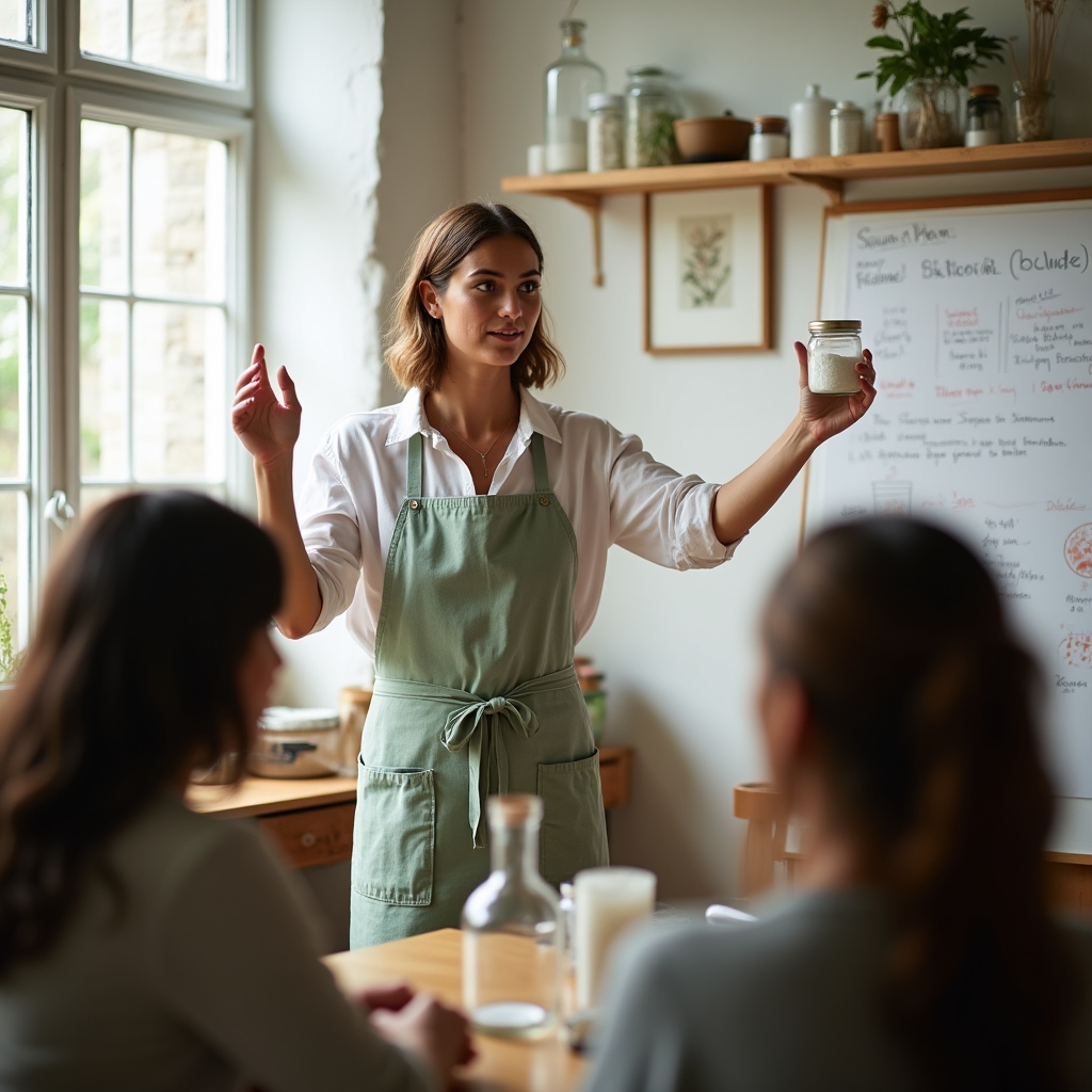 Lektorka vysvetľuje vlastnosti prírodných ingrediencií účastníkom workshopu